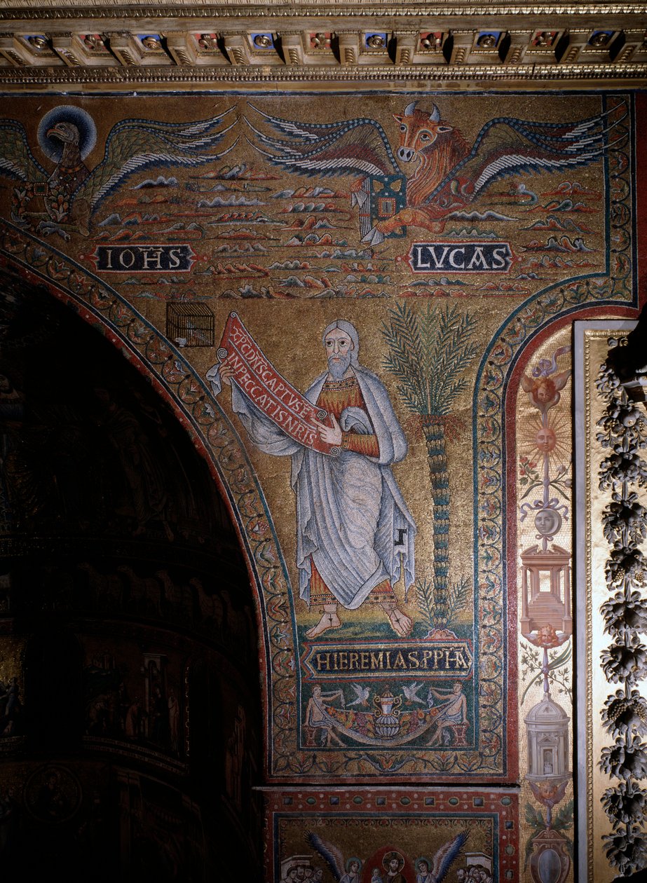 Profeten Jeremia og symboler for evangelistene Johannes og Lukas anonyme mosaikk fra 1100-tallets Roma, kirken Santa Maria i Trastevere Italia av Italian School