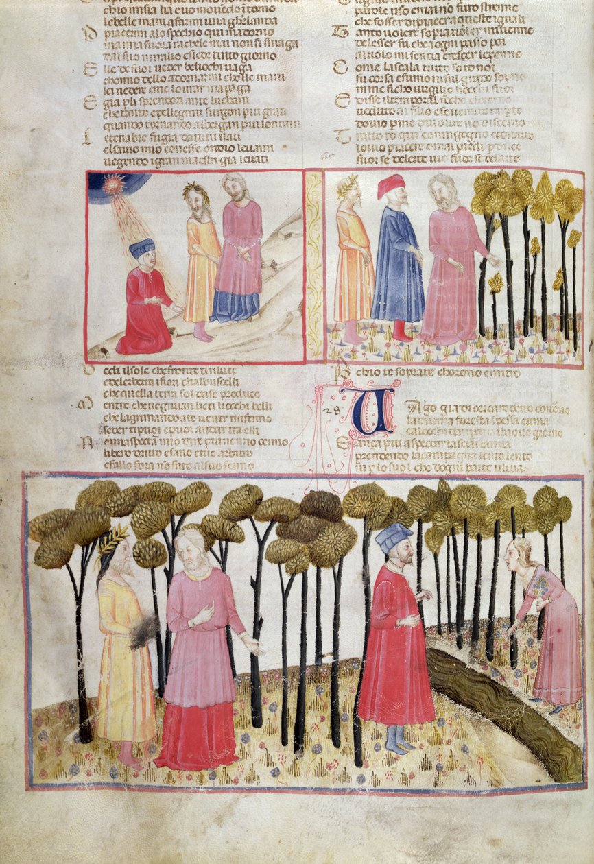 Purg.XXVIII f.47v Virgil tar permisjon og den guddommelige skogen, fra The Divine Comedy av Dante Alighieri (1265-1321) av Italian School