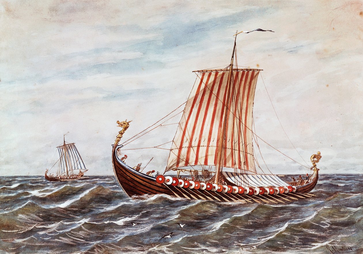 Rekonstruksjon av vikingbåter fra 1000-tallet (lito i farge) av Italian School