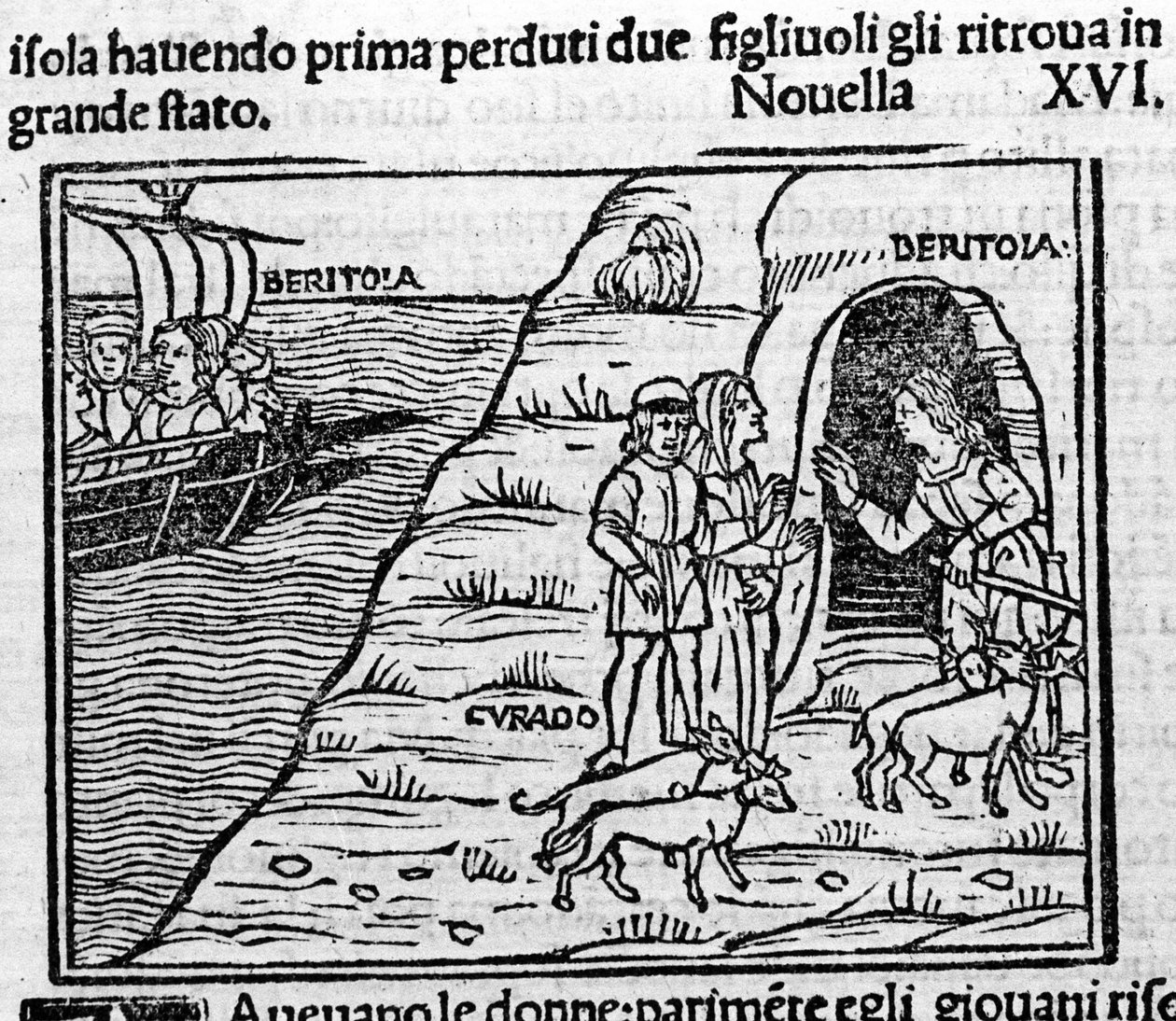 Reet de Beritola. Illustrasjon for nyheter 16 (ny 6 av den andre dagen) av “Decameron” ”av Giovanni Boccaccio dit Jean Boccaccio (1313-1375), italiensk forfatter. Gravering i "" Decamerone ouer Cento nouelle "" Venezia, Bartolomeo de 
