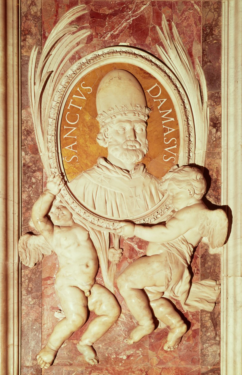 Relieff av Damasus I (ca. 304-84) på en skippilaster (marmor) av Italian School