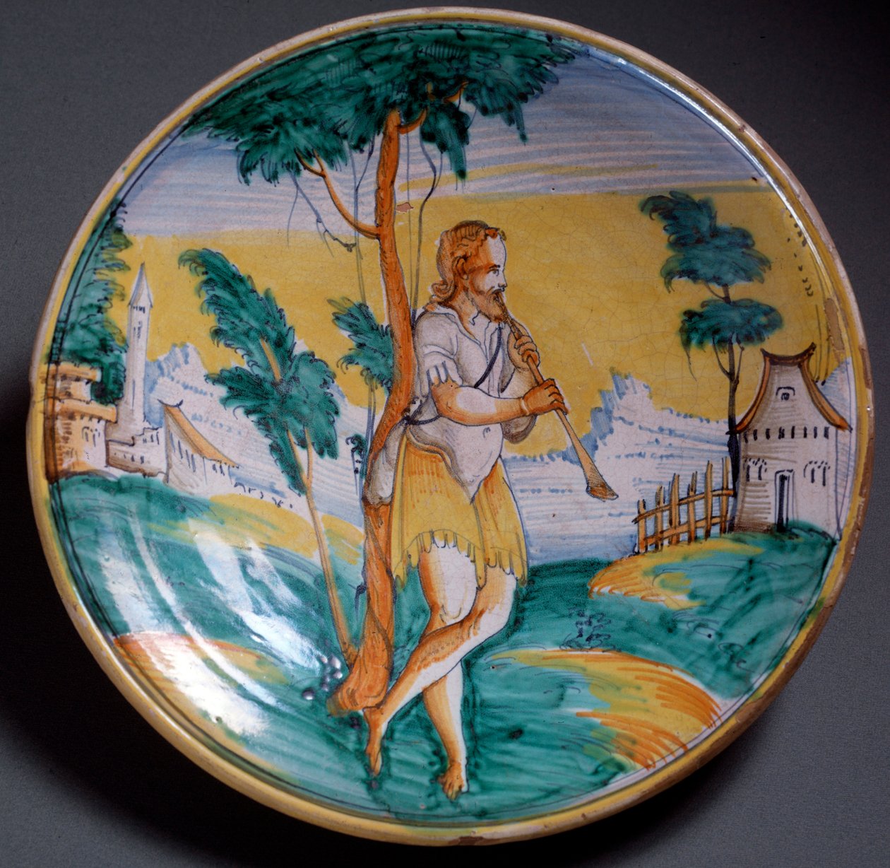 Renessansekunst: platedekorert av en fløytespiller (En fløytespiller) - Produksjon fra slutten av 1500-tallet av Viterbo (Viterbo), Italia Firenze, Museo Nazionale del Bargello av Italian School