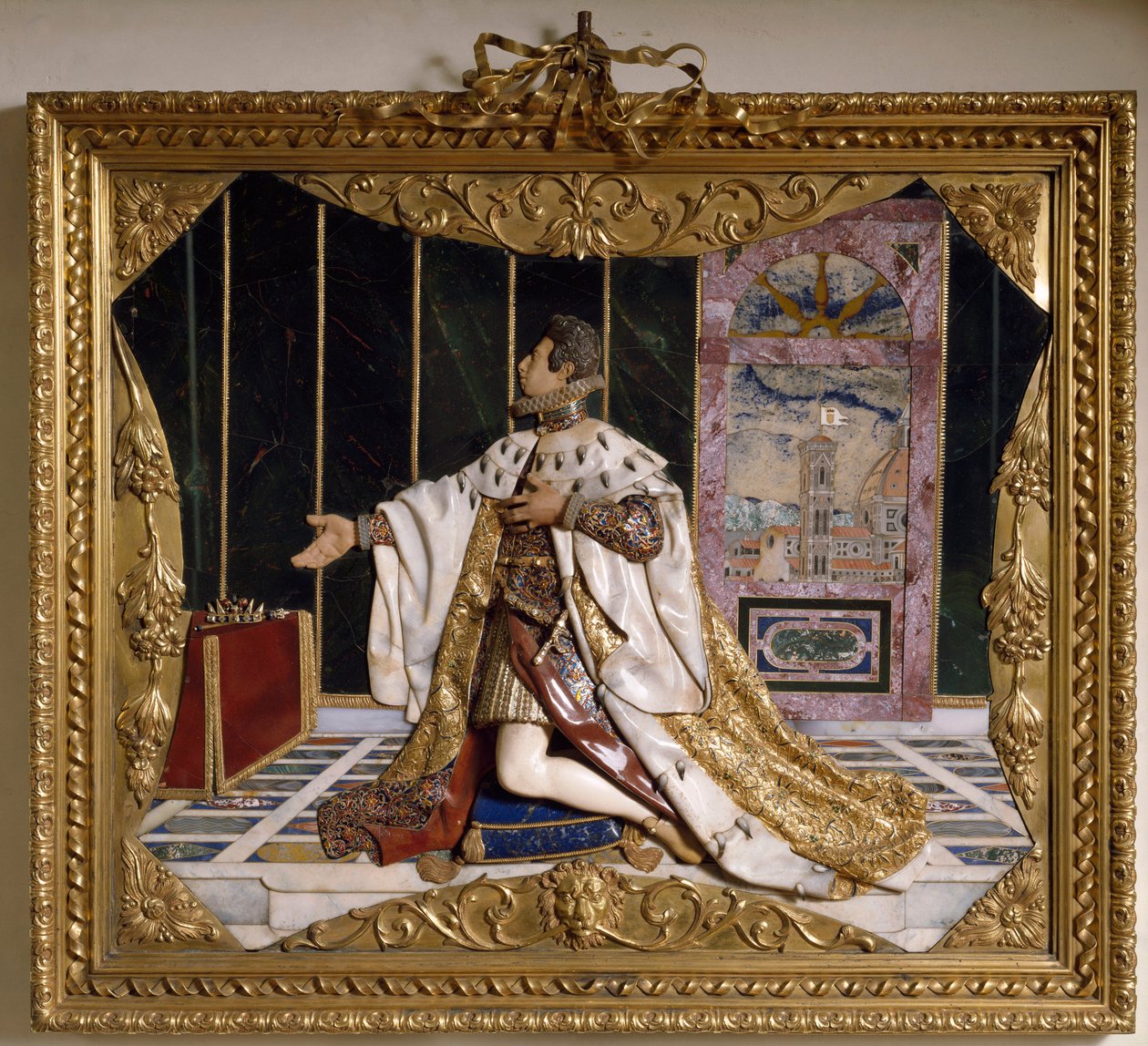 Representasjon av Cosimo II de Medici (1590-1621), storhertugen av Toscana Høyrelieff av utskårne steiner, gull og briljant (Høyrelieff) 1617-1624 Firenze, Argentinas museum, katt av Italian School