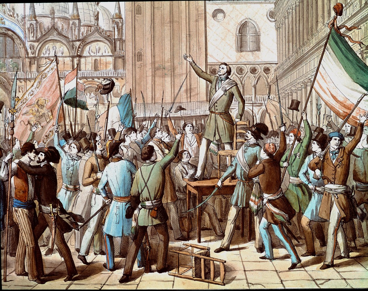 Representasjon av Daniele Manin (1808-1857), politiker som ledet Venezia-revolusjonen mot den østerrikske tilstedeværelsen i 1848: proklamasjonen av den venetianske republikken i mars 1848. (Proklamasjonen av den venetianske republikken i mars 1848, med en av Italian School