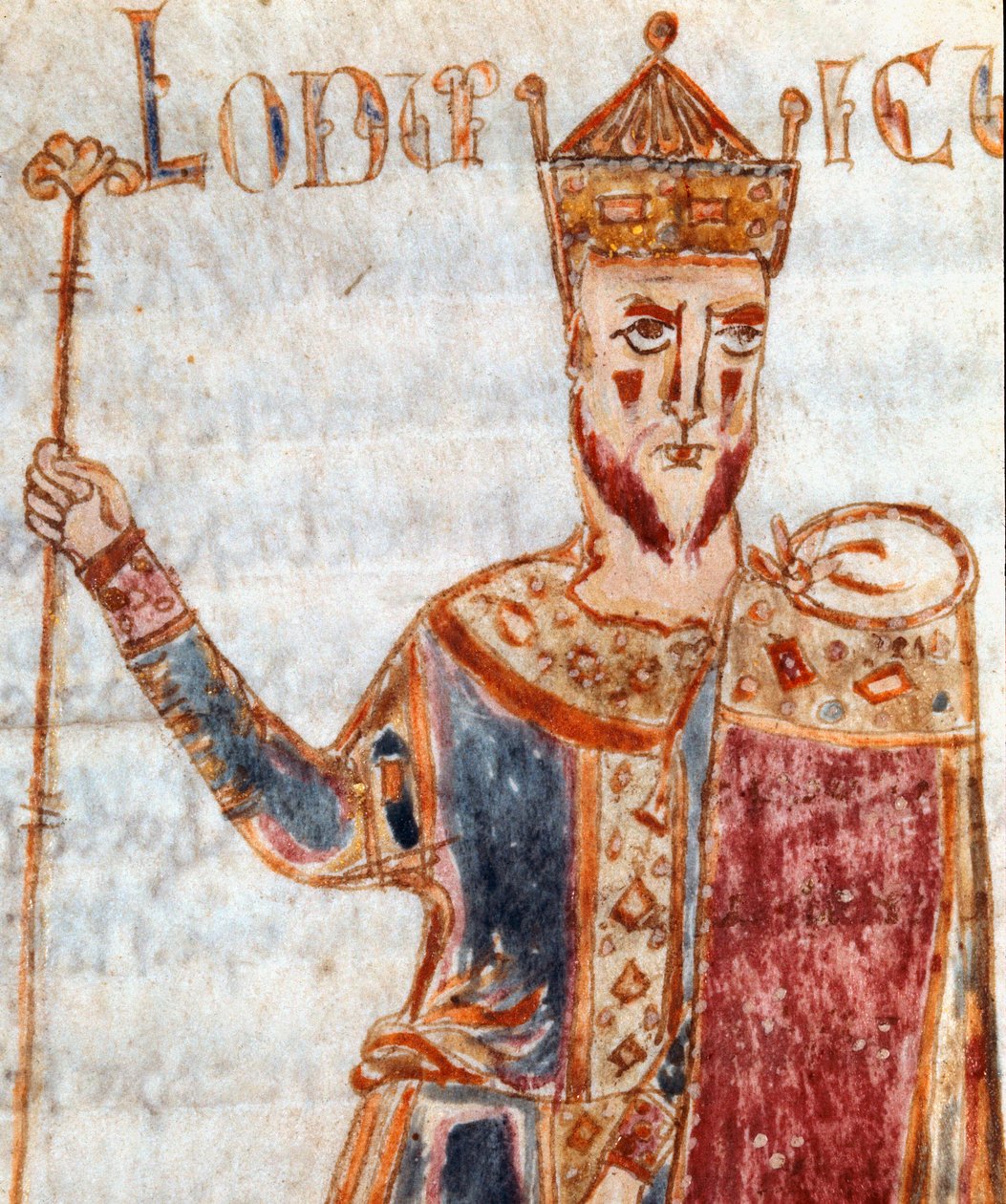 Representasjon av Ludvig I (778-840), sønn av Karl den Store"" Miniatyr hentet fra "" Codex Legum Longobardorum"" (eller Langobardorum) som beskriver lovene i det langobardiske riket etablert av kong Rothari av Italian School