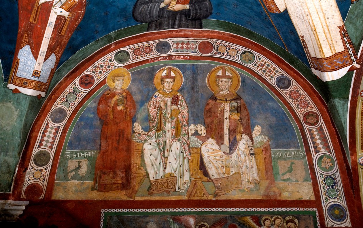 Representasjon av Saint Stephen, kristen martyr, Saint Thomas Becket (1118-1170), erkebiskop av Canterbury og Saint Nicholas av Myra eller Bari (270-345) Anonym fresco (1200-tallet) Nedre kirke. Klosteret Saint Benedetto (Sacro Speco), Subiaco (Rom av Italian School