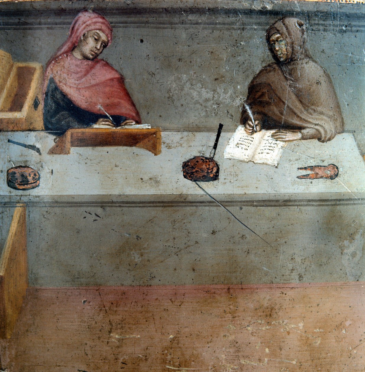 Representasjon av en kameralingvist, assistent for en kopist Anonymt maleri på tre av en Biccherna (omslaget til regnskapsregisteret til byen Siena) 1388. Siena Archivio di Stato, Italia av Italian School