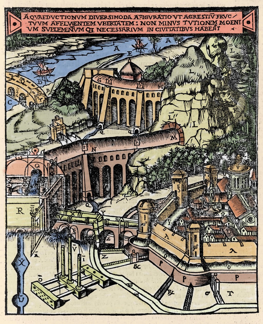 Representasjon av en akvedukt. Coloree gravering fra "" De Architectura"" av Vitruva (1. århundre f.Kr.) - Utgave av Gottardo da Ponte, Come av Italian School