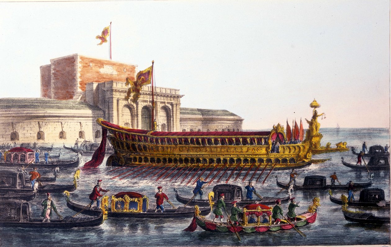 Representasjon av Bucentaur. (Bucentoro) På Kristi himmelfartsdag krysset dogen Venezia-lagunen for å nå munningen av det åpne hav ombord på et skip kalt Bucentaur. av Italian School
