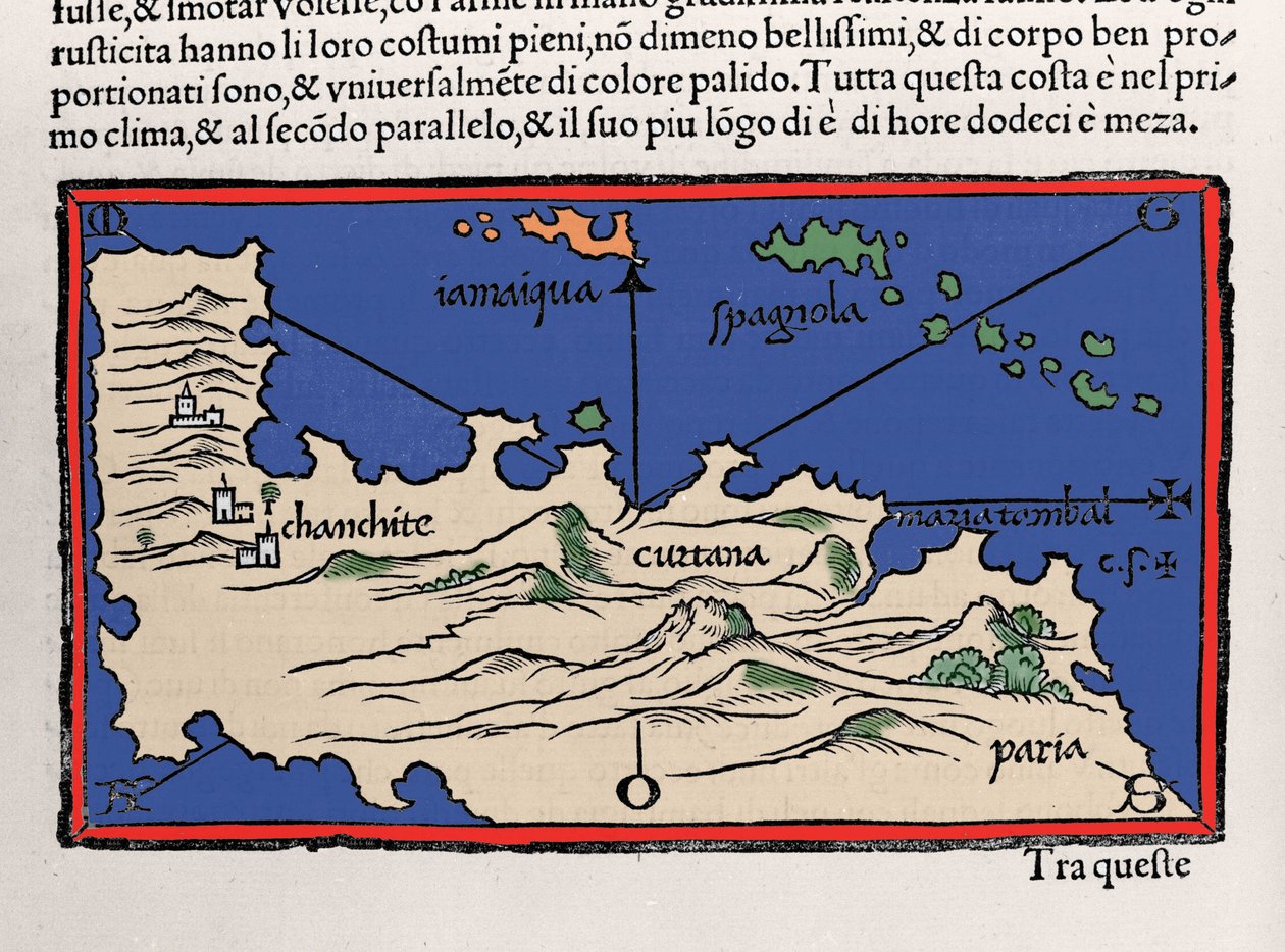 Representasjon av de karibiske øyene og kysten av Venezuela. Isolario (kart over øyer) av Benedetto Bordone. Venezia 1547 av Italian School