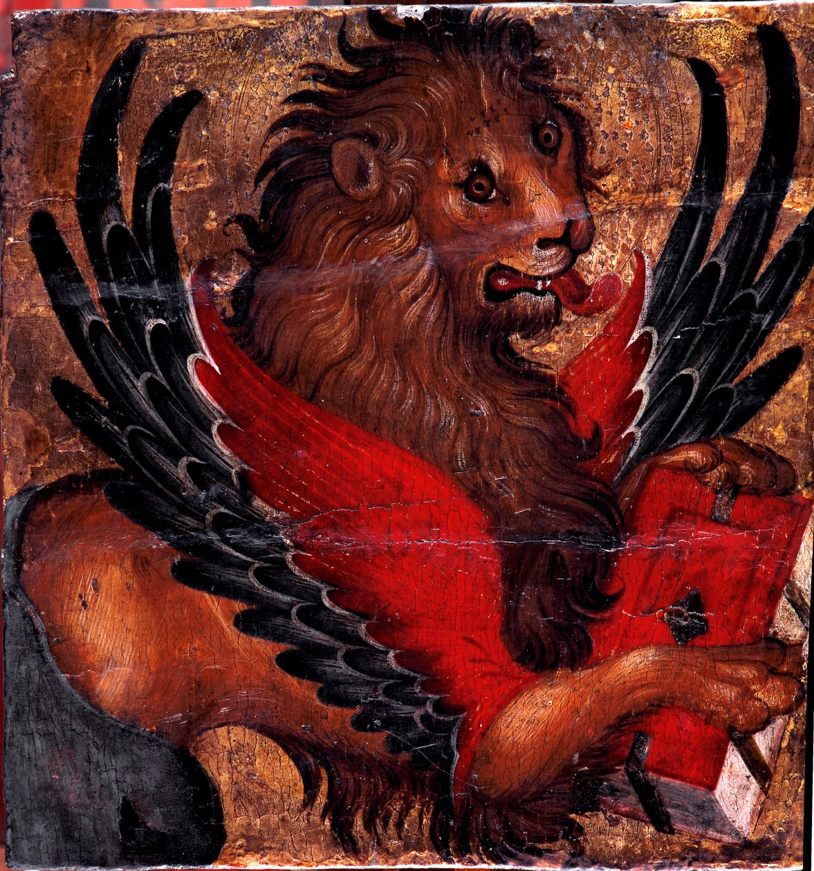 Representasjon av Løven av St. Mark. Maleri på tre av venetiansk kunstner. 1400-tallets søn. 34x34 cm Venezia, Museo Correr av Italian School