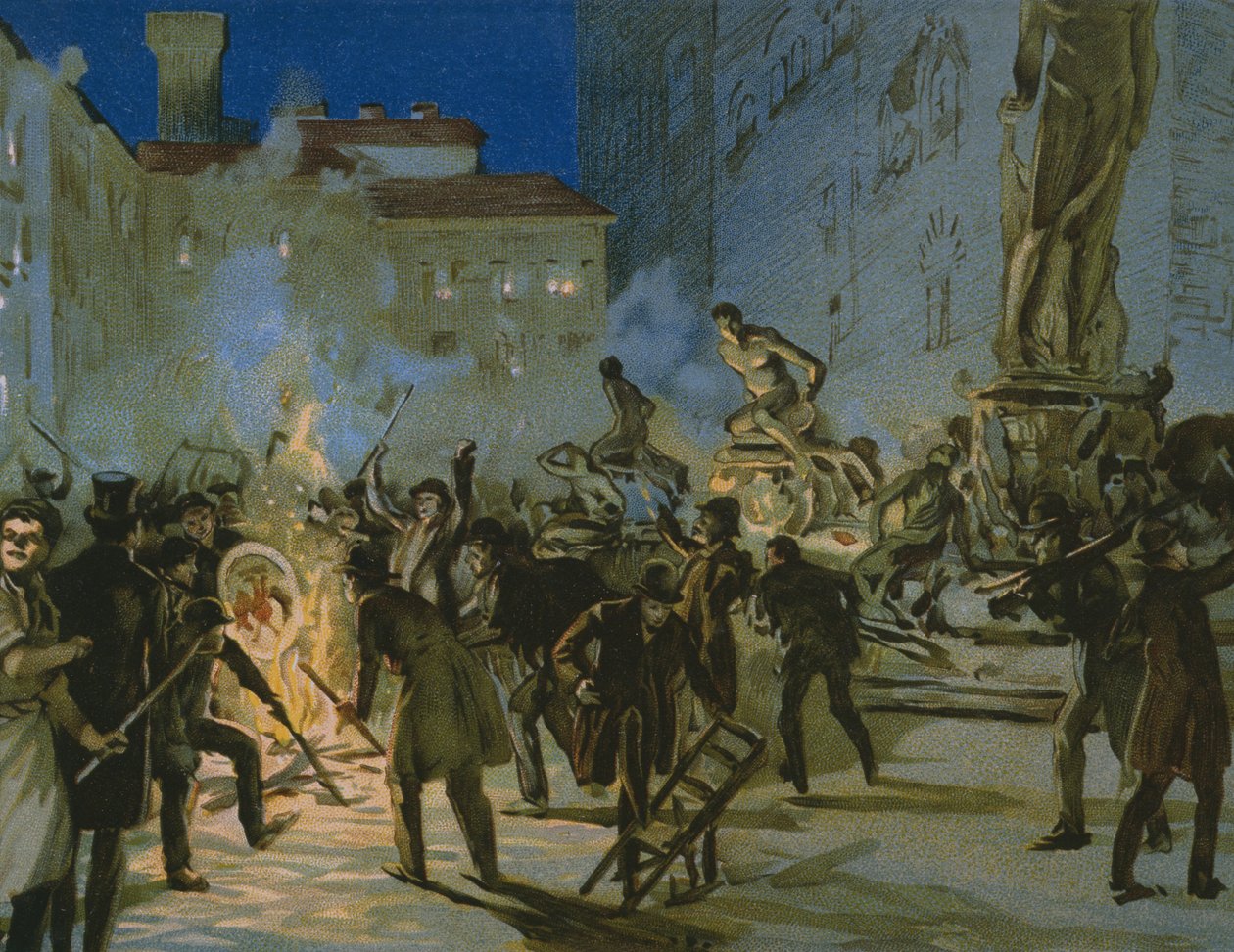 Revolution in Florence, 27. april 1859, illustrasjon fra et album om historien til Risorgimento laget for sjokoladen Talmone, sent på 1800-tallet av Italian School
