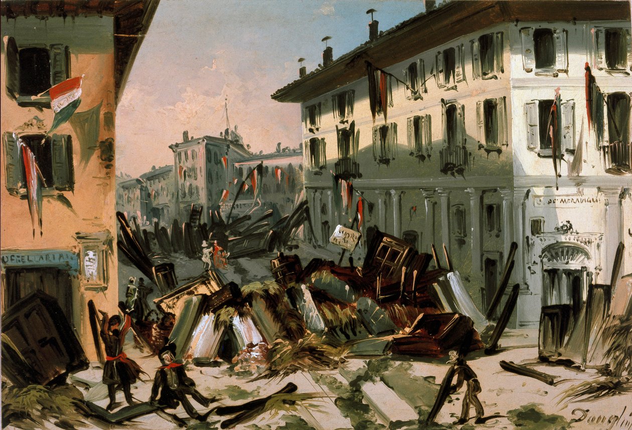 Revolutions of 1848, Five Days of Milan: barrikader på corso de porta Vercellina 22. mars (maleri av Italian School