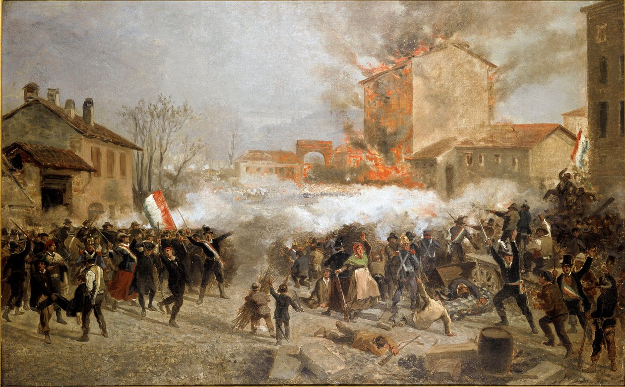 Revolutions of 1848, Five Days of Milan: opprørere overtar porta Tosa 22. mars (maleri av Italian School