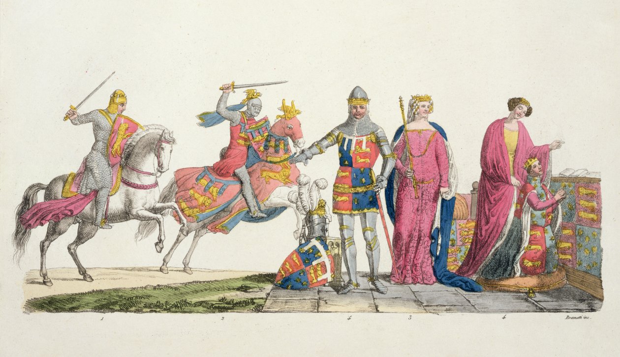 Richard the Lionheart, John of Gaunt, Edward III, Joan Plantagenet og Philippa of Hainault, plate 9 fra The History of the Nations (akvatint) av Italian School
