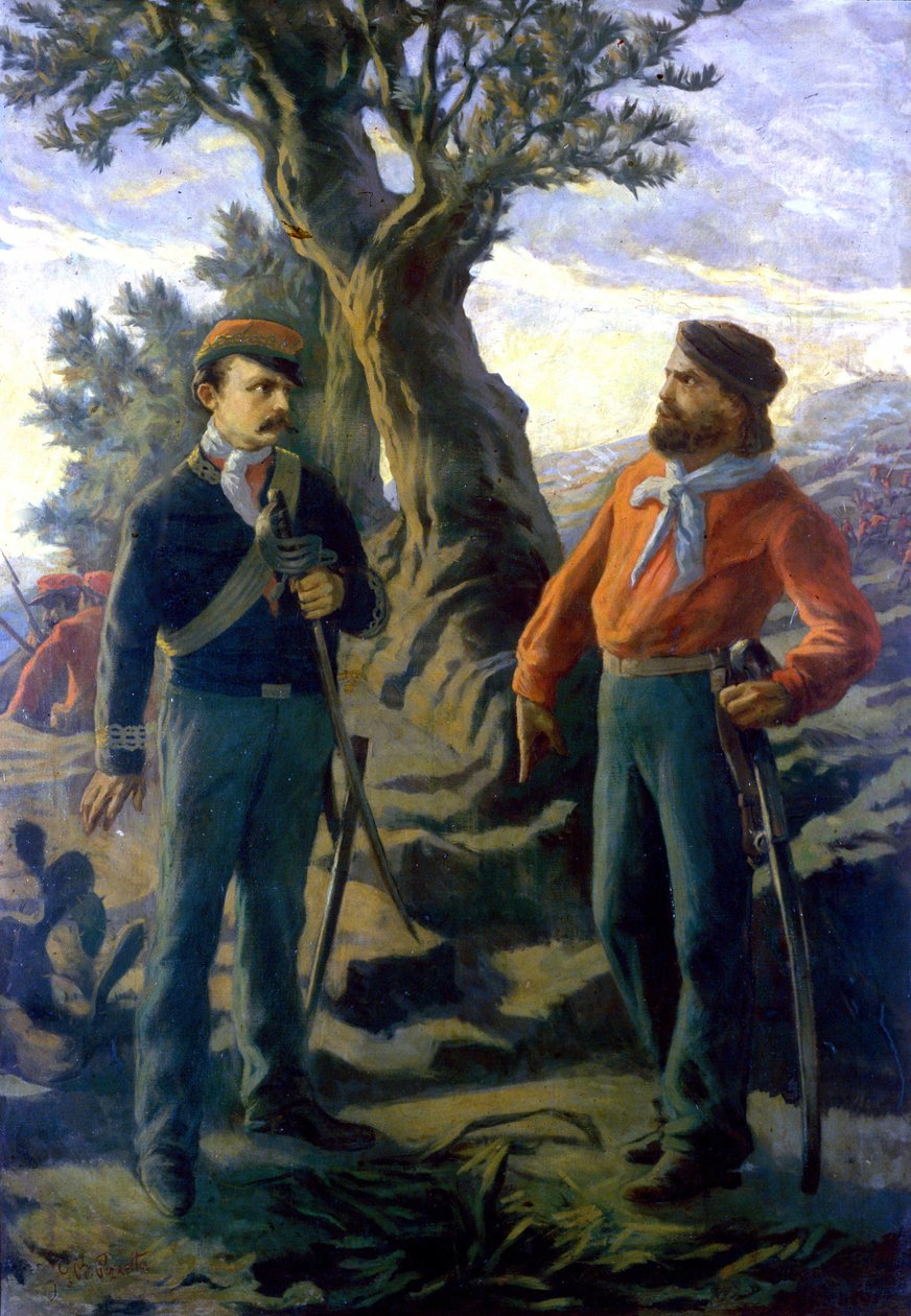 Risorgimento: Gerolamo Bixio kalt Nino Bixio (1821-1873) og Giuseppe Garibaldi (1807-1882) i slaget ved Calatafimi på Sicilia 15.05.1860. Garibaldi proklamerer til Bixio som foreslår at han trekker seg: "" Hva sier du Bixio? Her bygger vi Italia eller av Italian School