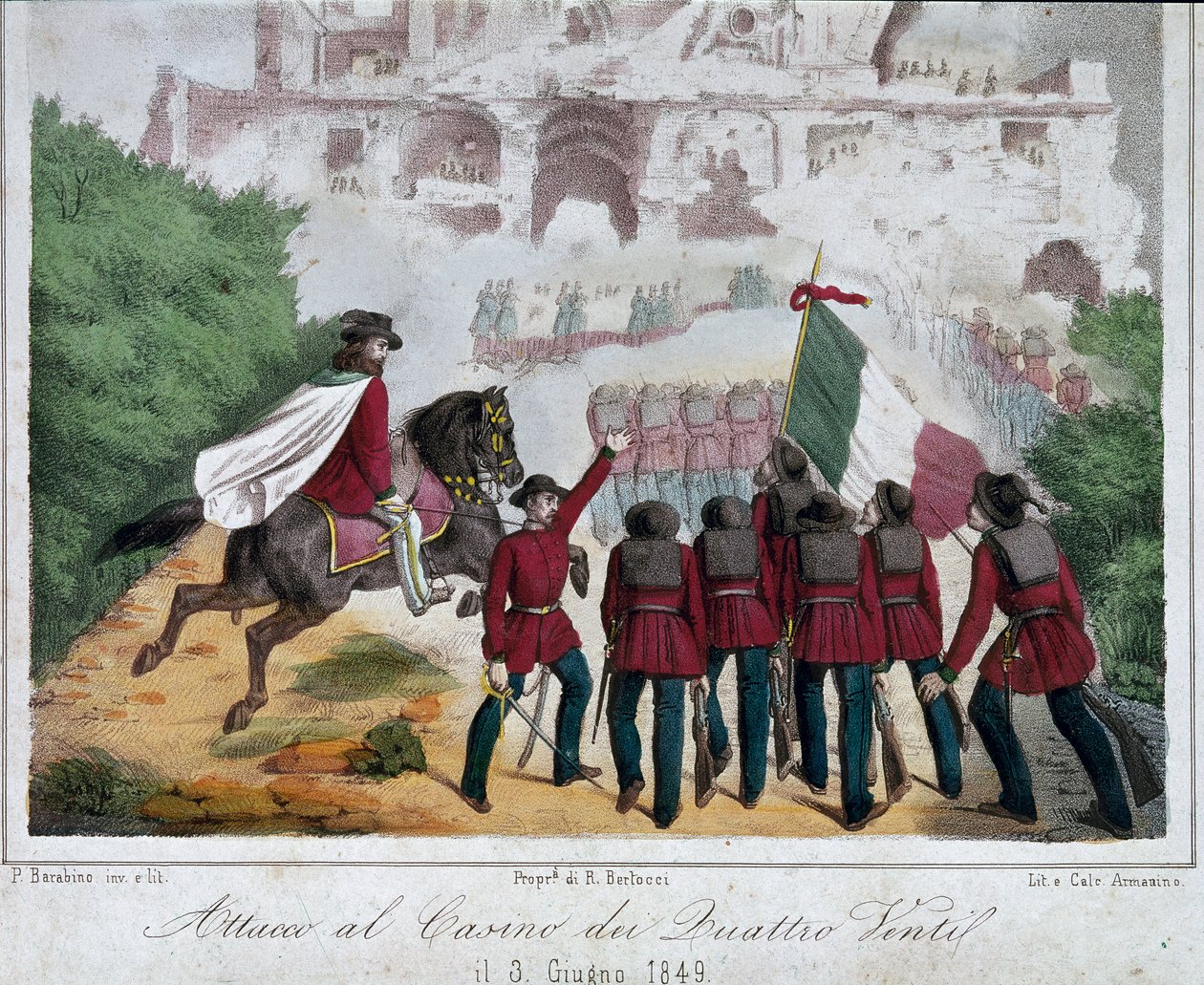 Risorgimento, Romersk republikk (Repubblica romana): soldatene fra hæren til Giuseppe Garibaldi, på hesteryggen, prøver å gjenerobre villaen til Quattro Venti i Roma 03.06.1849. Litografi Roma nasjonalmuseum for Risorgimento av Italian School