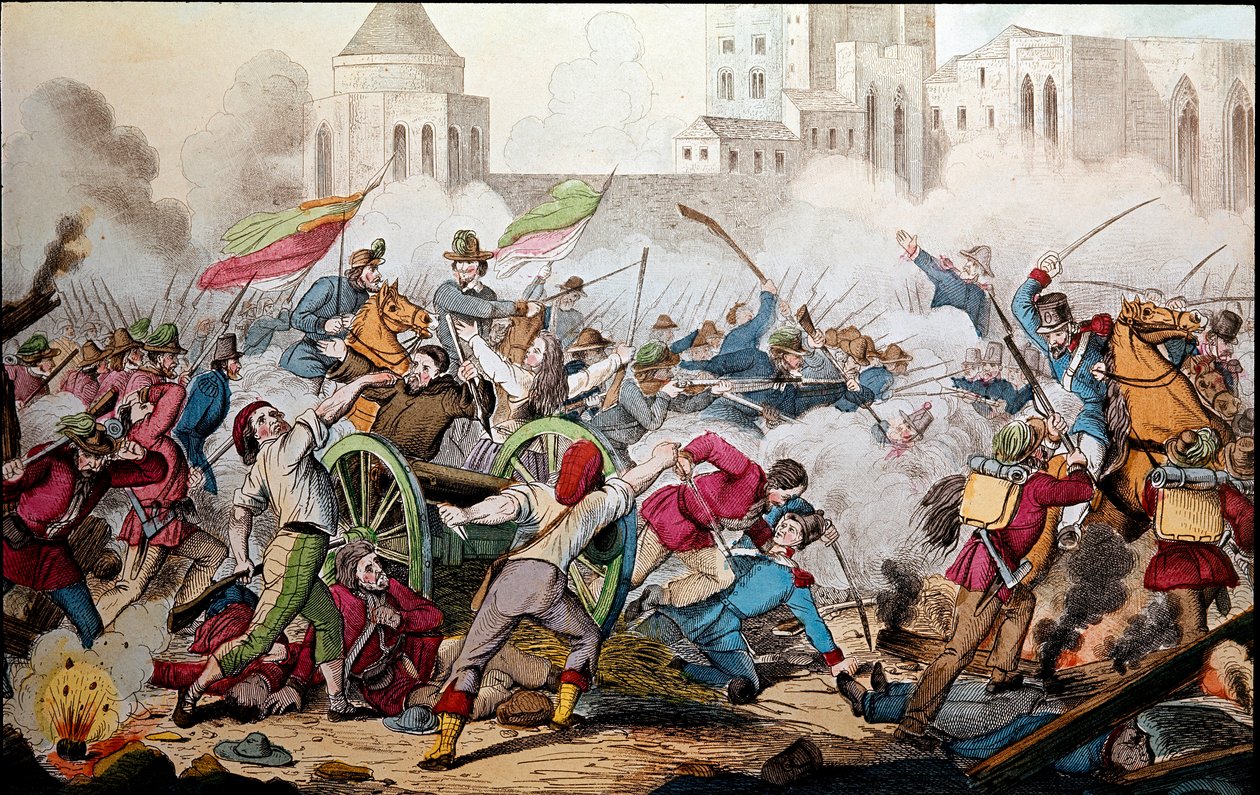 Risorgimento: Kampene i Palermo 26. mai 1860. De tusen ekspedisjon (røde skjorter). Giuseppe Garibaldi (1807-1882) mellom Palermo og folket i opprør sluttet seg til ham for å kjempe mot soldatene i Bourbon-riket Napoli. Gravering fra 1800-tallet av Italian School