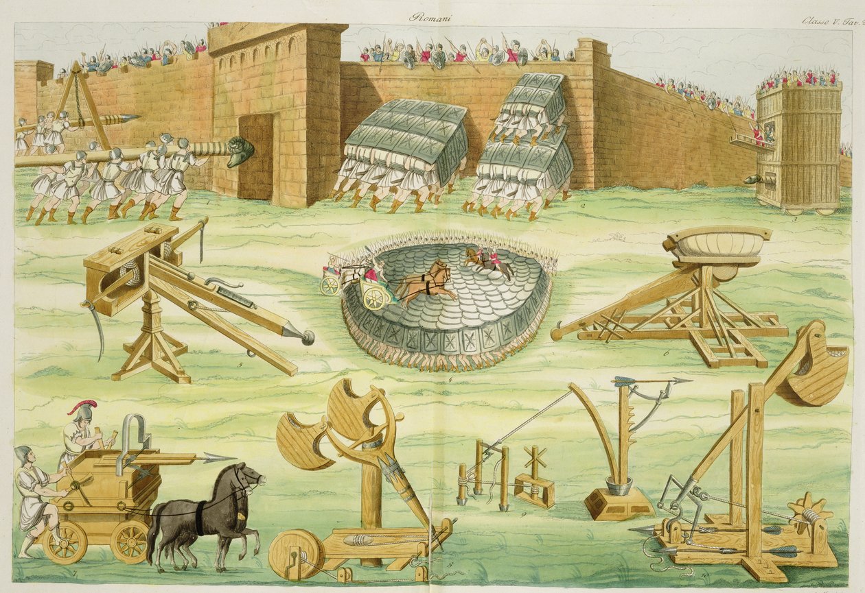 Romerske soldater som beleirer en by, plate 23B, klasse 5 fra del I av The History of the Nations, gravert av A. Nani (akvatint) av Italian School