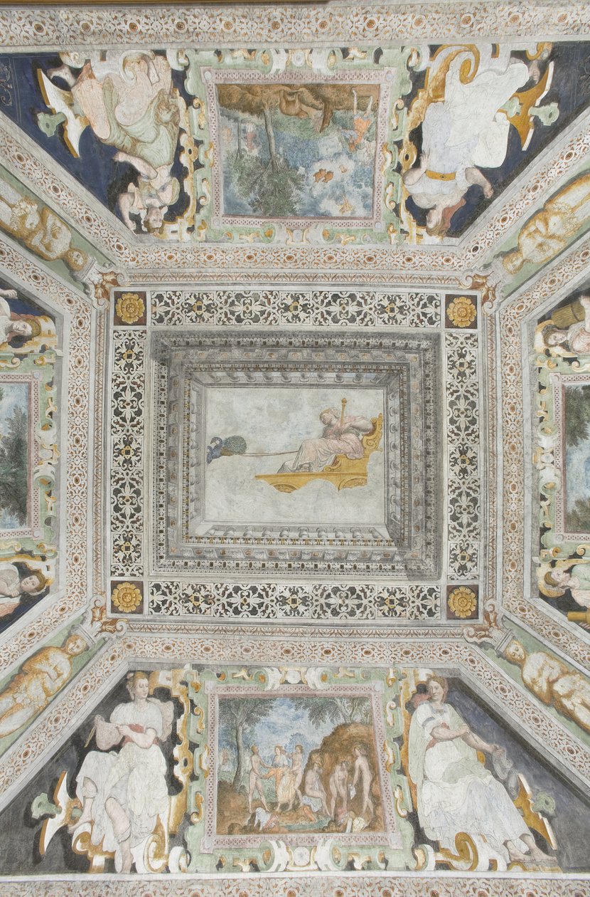 Room of Juno: Juno på en vogn trukket av to påfugler som ser på ektemannens svik av Italian School