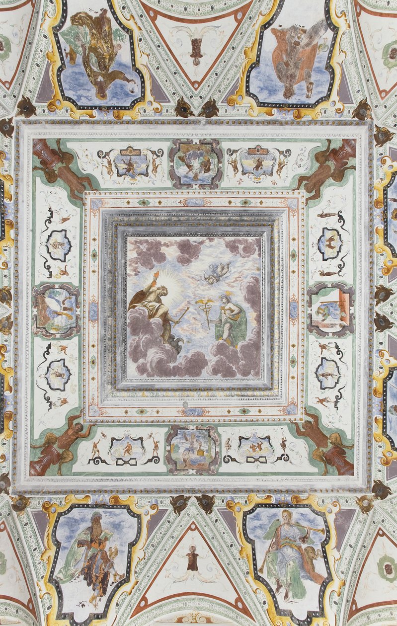 Rom for Jupiter og Merkur: Jupiter, Merkur og Amor, omgitt av de fire årstidene av Italian School