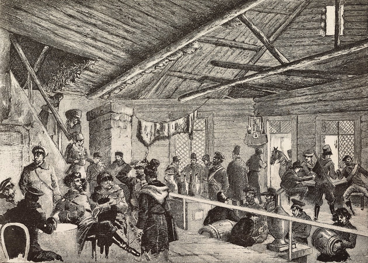Russiske soldater i taverna nær Warszawa festningsverk, Polen, gravering fra skisse av Fritzmann, fra L'Illustration Italiana, nr. 5, 3. februar av Italian School