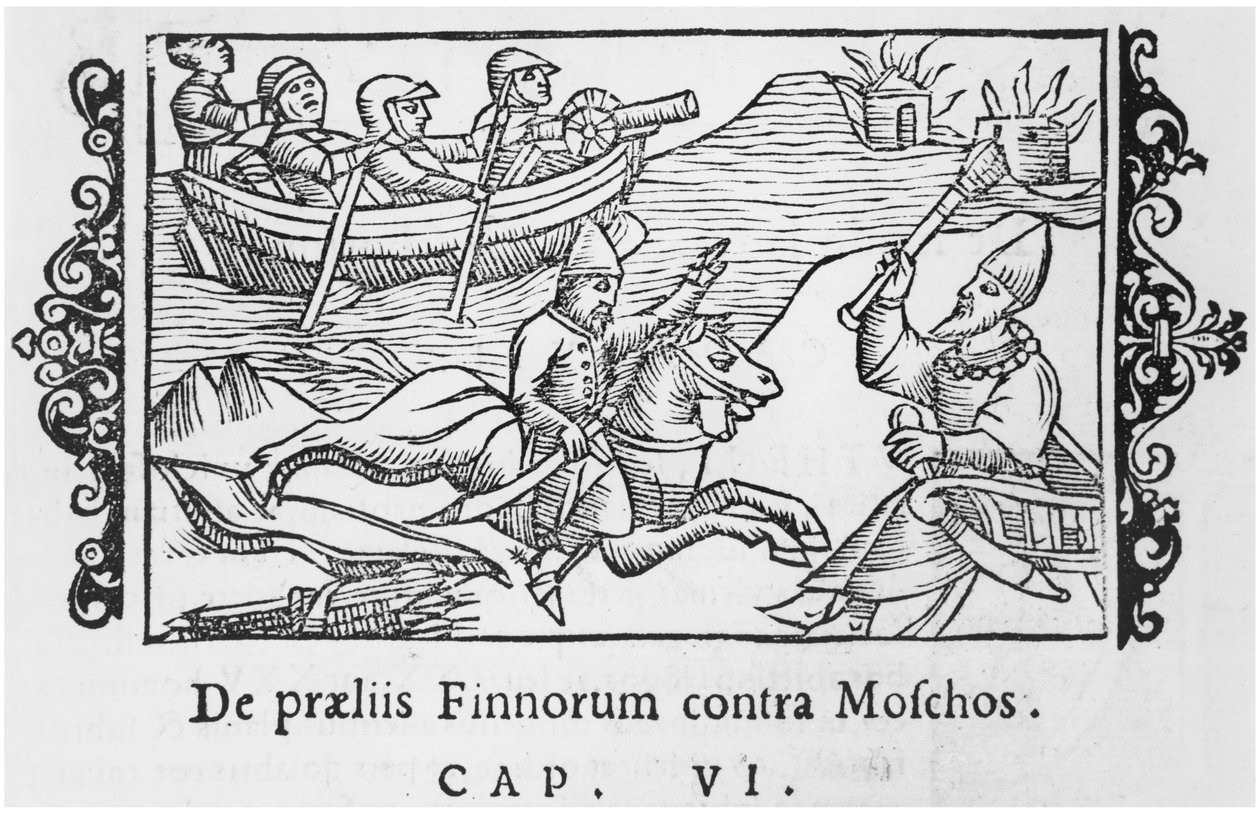 Russere og finner som kjemper, illustrasjon fra History of the Northern Nations av Olaus Magnus (1490-1558), utgitt i Roma, 1555 av Italian School