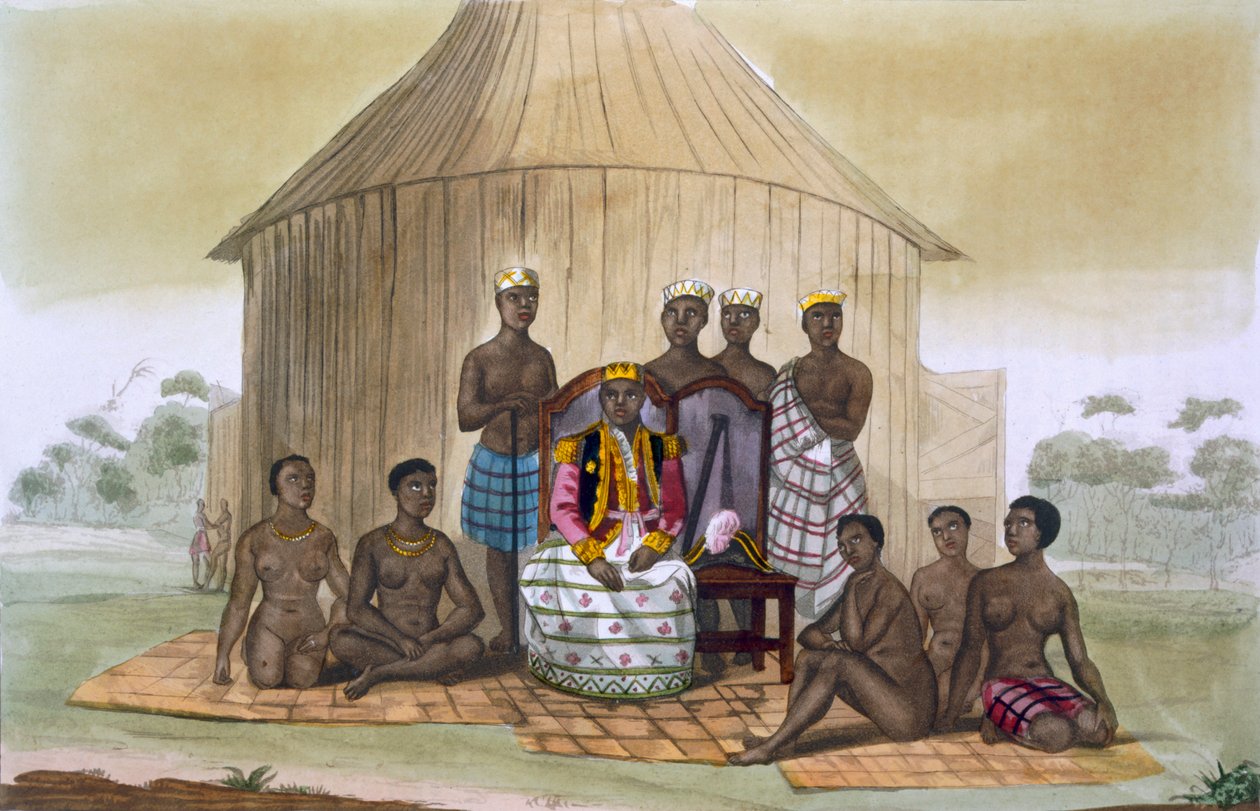 Saba, eller hersker, med adelsmenn og hans kone, Vest-Afrika, ca. 1820-30-tallet av Italian School