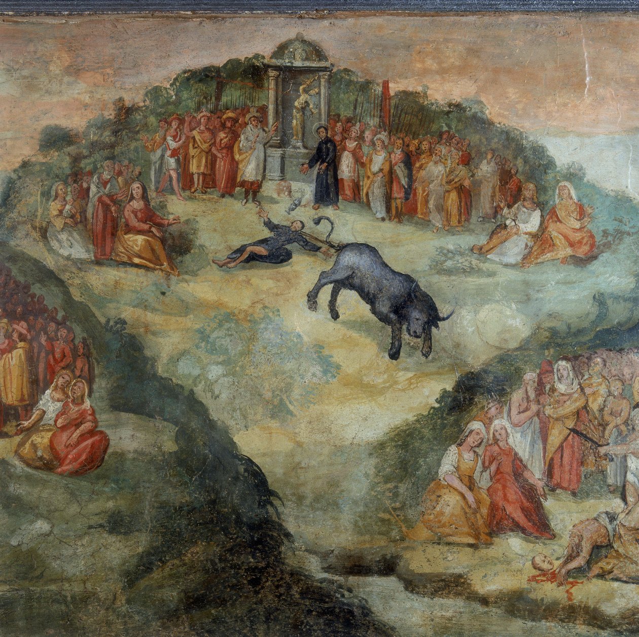 Den hellige Hippolytus kaster det tonelige gitt til ham av Pontifex Battistellus for å ofre til Jupiter, detalj av maleriet av Martyrdommen til Saint Hippolytus og hans følgesvenner av Italian School