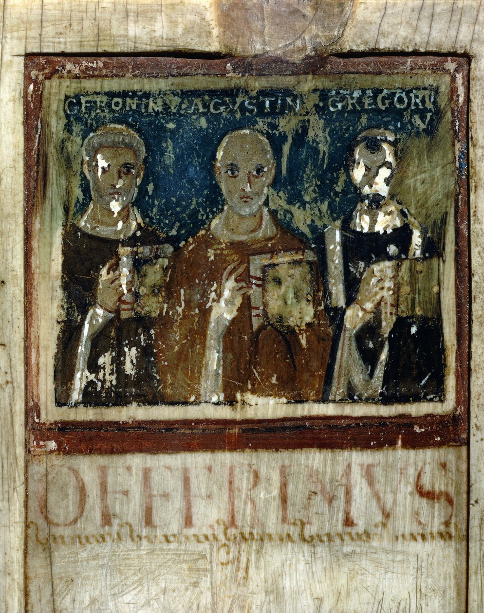 Saint Hieronymus, Saint Augustine (354-430) og Saint Gregoire I den store (540-604), Detalj fra Diptych of Boece, ca. 487 (miniatyr på elfenben) av Italian School