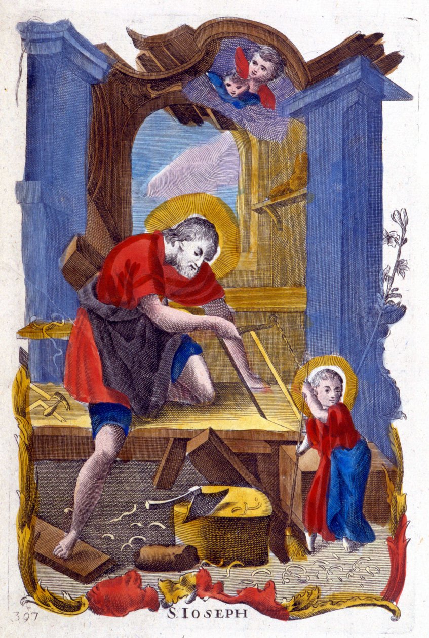 Saint Joseph som snekker og Jesus, italiensk bilde av Italian School