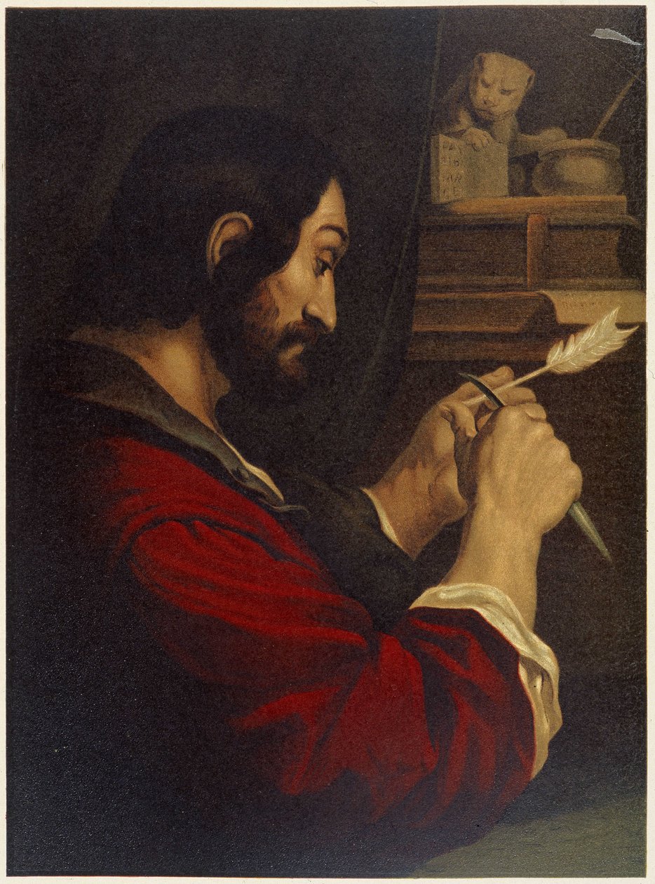 Sankt Markus skjærer ut en penn - i "Classical Golden Bible: History of divine openbaring in the old and new striving" "av Giovanni Ladislao Sykora (vol. 2), oversatt av Don Clemente Benetti. (italiensk bibel) av Italian School