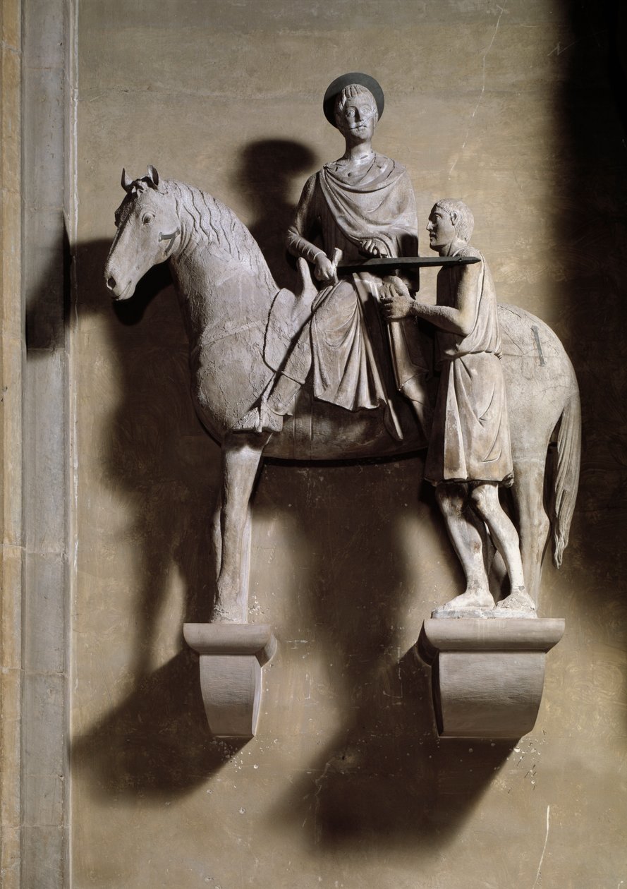 Saint Martin en hest som deler frakken sin med en tigger. Skulptur av Italian School