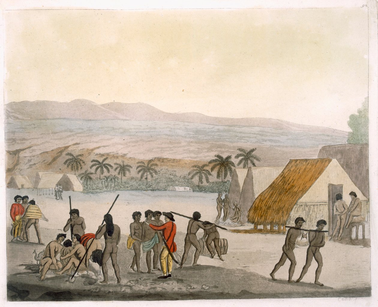 Sandwichøyene - en vestlending som forhandler om butikker, plate 92 fra Le Costume Ancien et Moderne, av Jules Ferrario, utgitt ca. 1820-30-tallet av Italian School