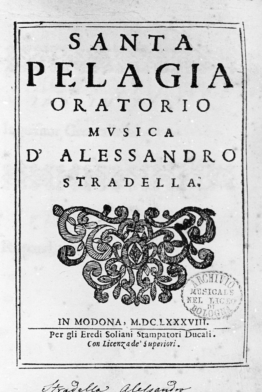 Santa Pelagia, frontispice av partituret til oratoriet av Alessandro Stradella (1644 - 1682) italiensk komponist. Modena 1688. av Italian School