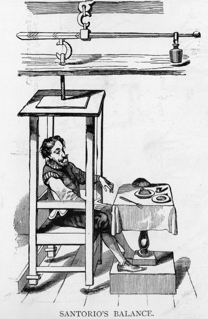 Santorio Santorio sitter i balansemaskinen sin av Italian School