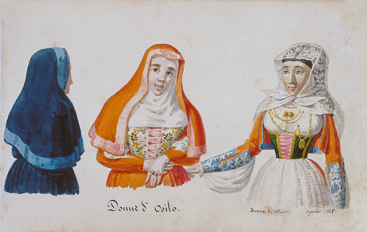 Sardinske kostymer fra Osilo og Milis, trykk ms. 258, Luzzetti-samlingen av Italian School
