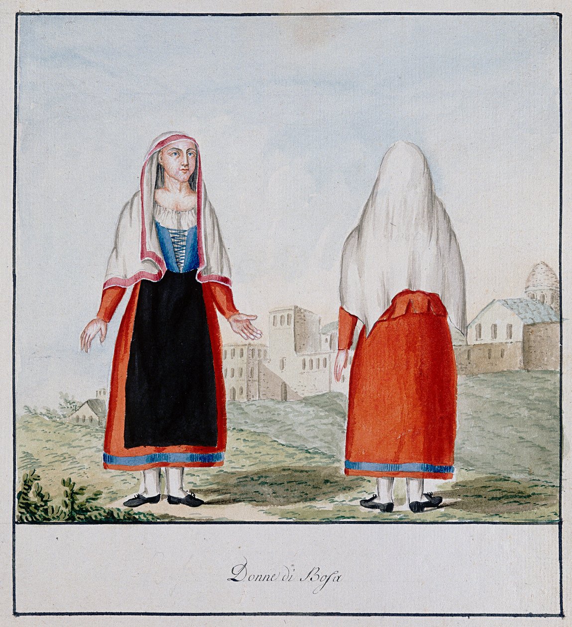 Sardinske kostymer av Bosa, trykt ms.258, Luzzetti Collection av Italian School