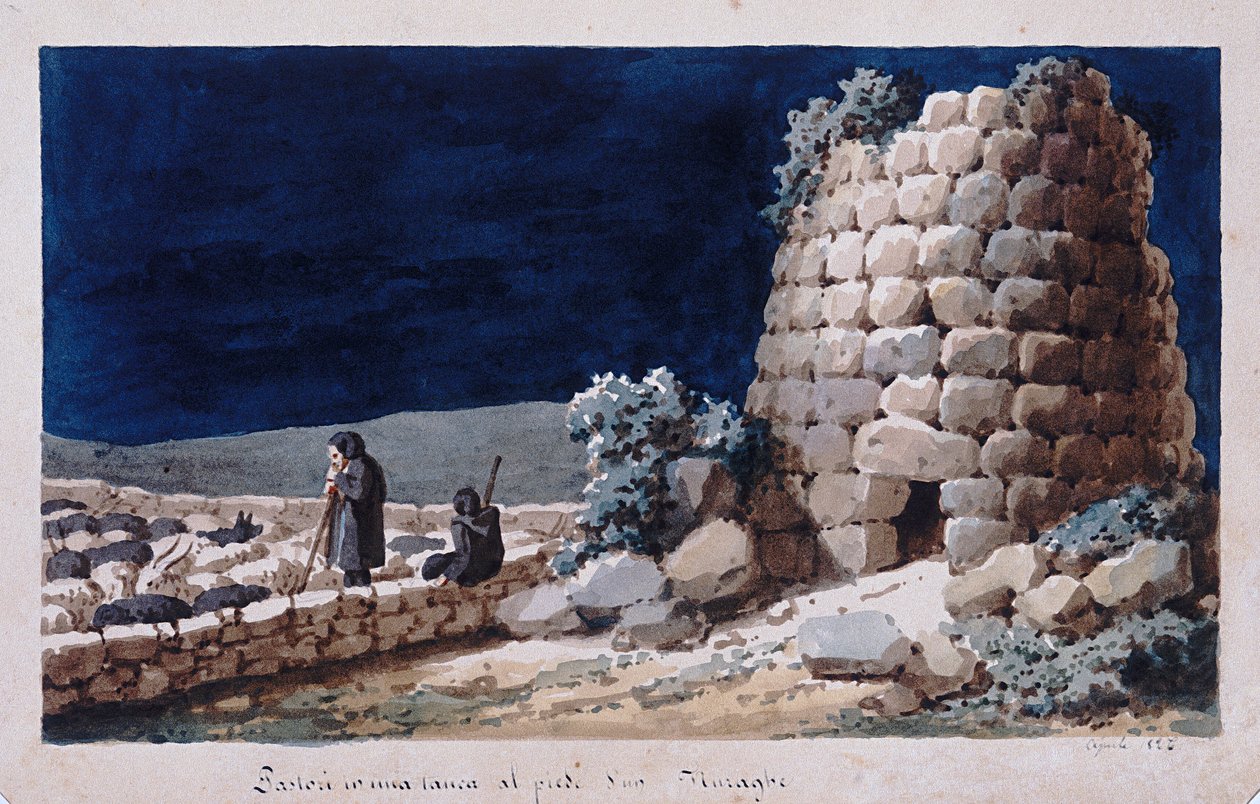 Sardinske gjetere nær en nuraghe, trykk ms. 257, Cominotti-samlingen, ca. 1825 av Italian School