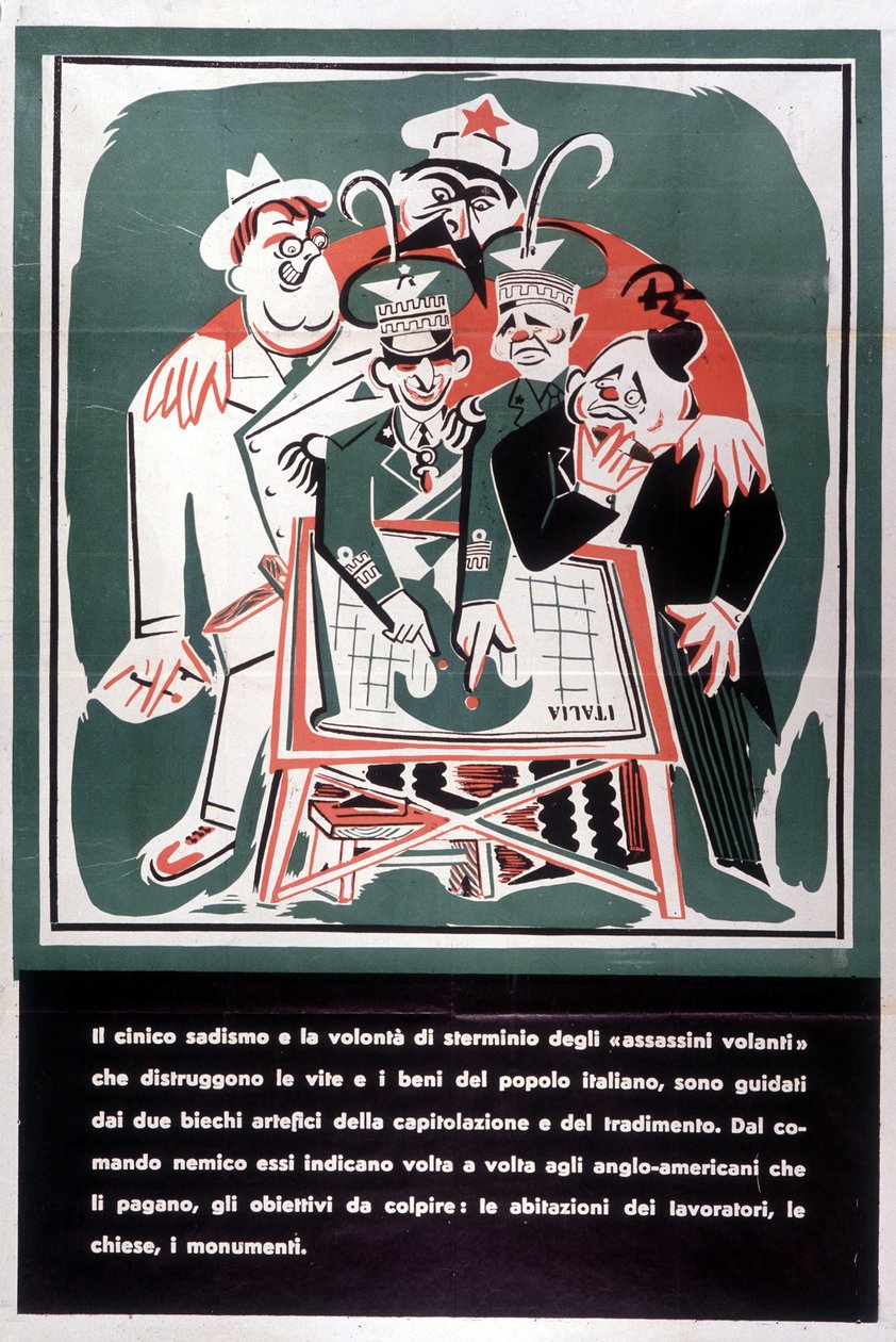 Satirisk vignett mot forræderne Victor Emmanuel III (Victor-Emmanuel) (Vittorio Emanuele) og Badoglio. 1944. av Italian School