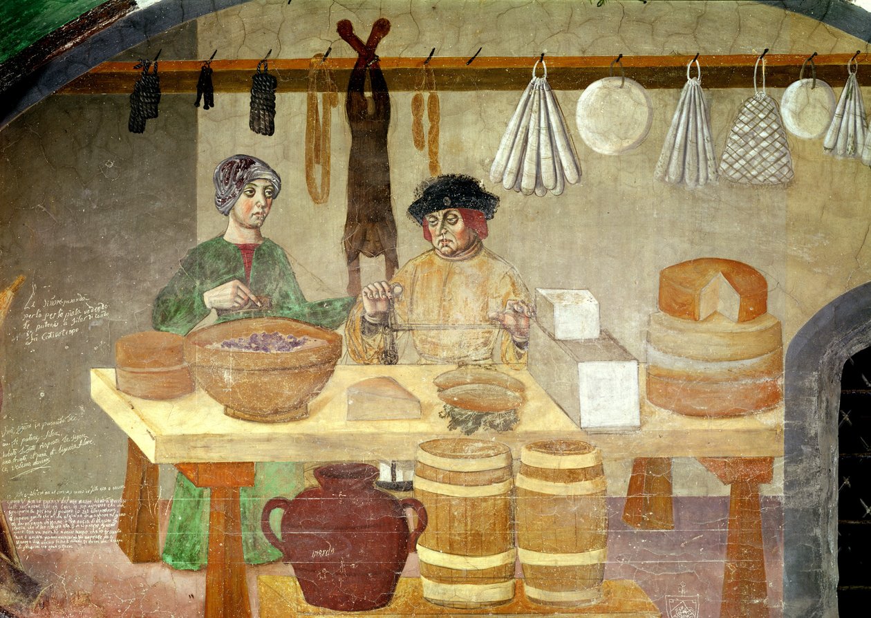 Pølse- og osteselgere (fresco) av Italian School