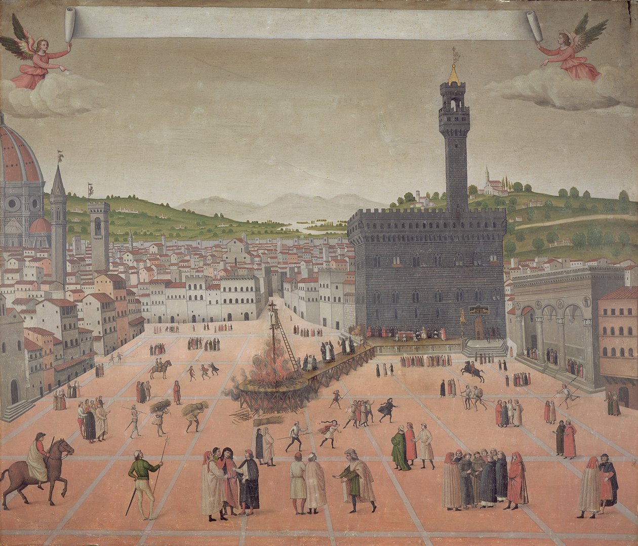 Savonarola blir brent på bålet, Piazza della Signoria, Firenze (olje på panel) av Italian School