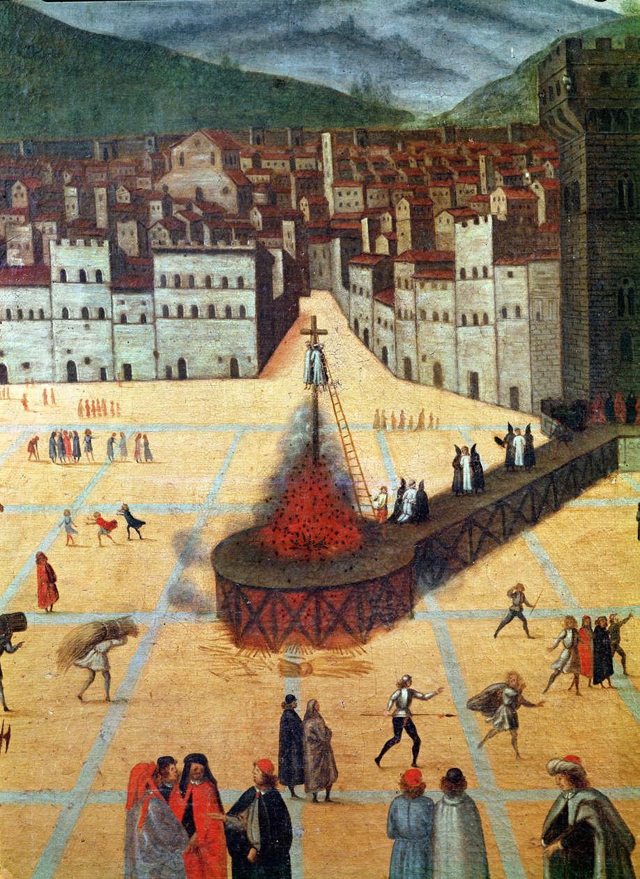 Savonarola blir brent på bålet, Piazza della Signoria, Firenze, detalj av brannen (olje på panel) av Italian School