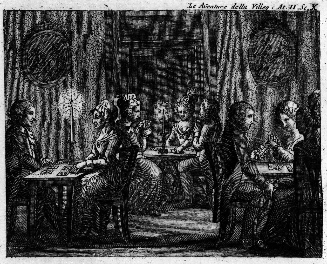 Scene 10 i akt II av tegneserien "" The avventure della villeggiatura"" (The Adventures of the City) (1756) av Carlo Goldoni (1707-1793): spillebord. Gravering fra 1700-tallet av Italian School