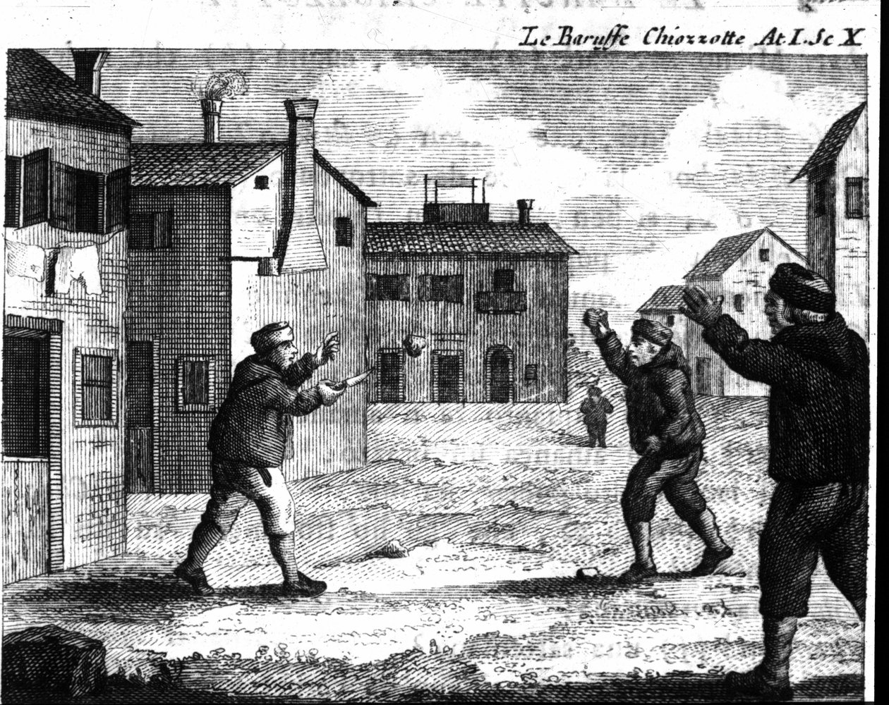 Scene 10 i akt I av tegneserien "" Le baruffe chiozzotte"" (Baroufe a Chioggia) (1762) av Carlo Goldoni (1707-1793). Gravering fra 1700-tallet av Italian School