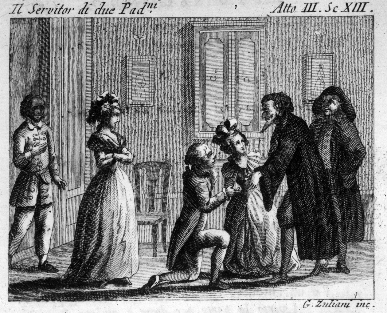 Scene 13 i akt III av tegneserien "" Arlecchino servitore di due padroni" (Harlequin servant of two masters) (1745) av Carlo Goldoni (1707-1793). Gravering fra 1700-tallet av Italian School