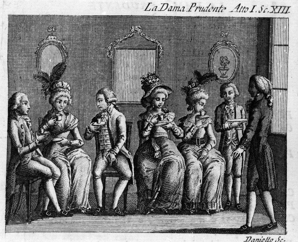 Scene 13 i akt I av tegneserien "" La dama prudente"" (The prudent wife) (1751) av Carlo Goldoni (1707-1793). Gravering fra 1700-tallet av Italian School