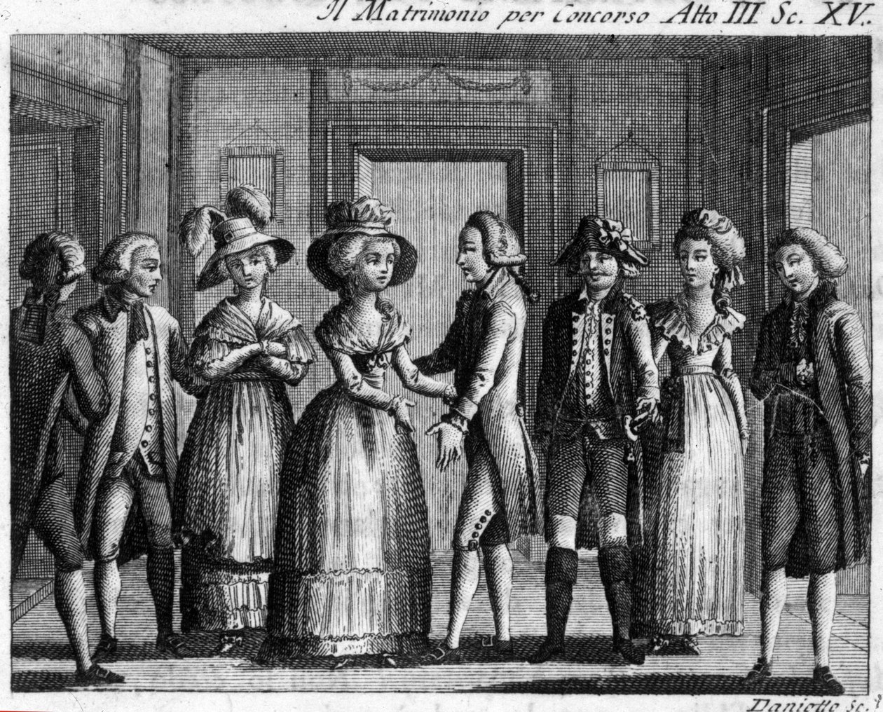 Scene 15 i akt III av tegneserien "" Il matrimonio per concorso"" av Carlo Goldoni (1707-1793). Gravering fra 1700-tallet. av Italian School