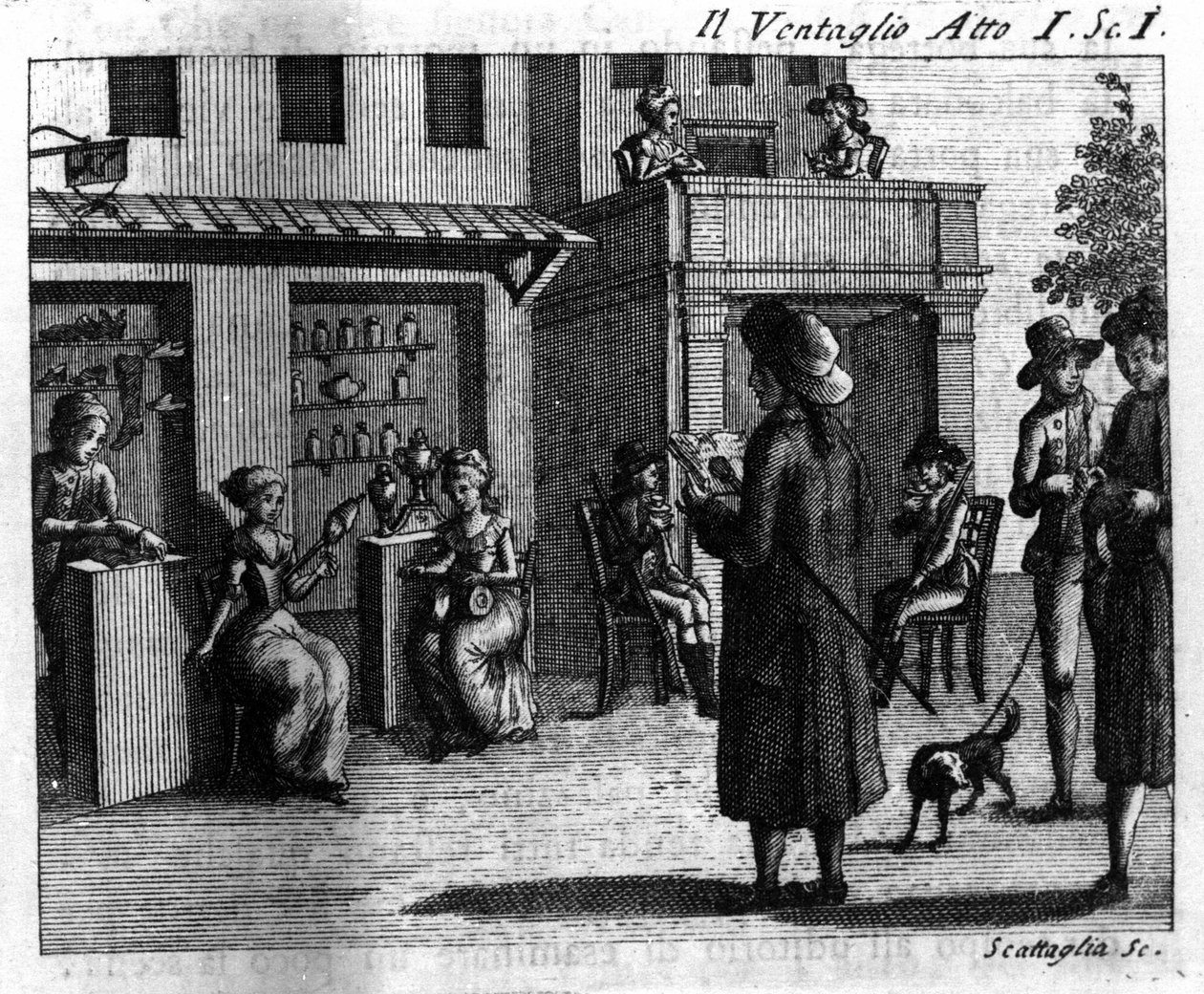 Scene 1 i akt I av tegneserien "" Il ventaglio"" (The eventel) (1764) av Carlo Goldoni (1707-1793). Gravering fra 1700-tallet av Italian School
