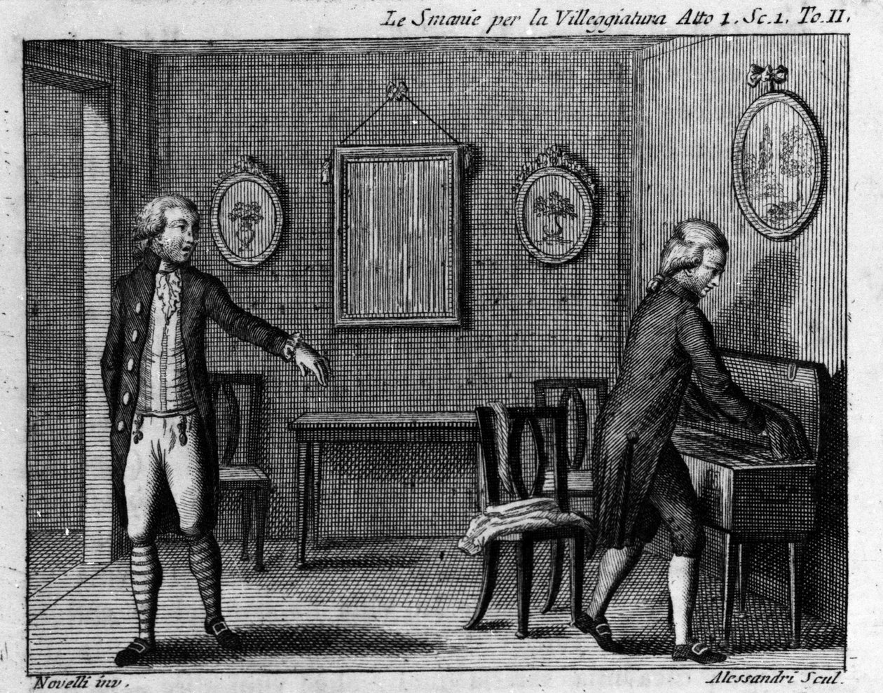 Scene 1 i akt I av tegneserien "" Le smania per la villeggiatura"" (La ville) (1761) av Carlo Goldoni (1707-1793). Gravering fra 1700-tallet. av Italian School